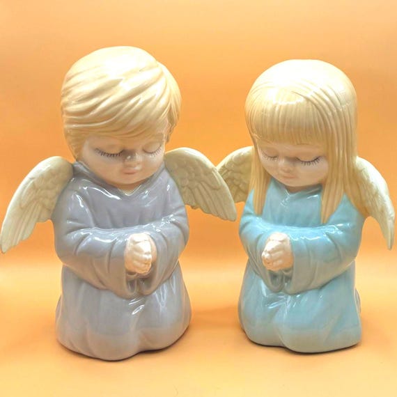 Vintage Praying Angel Pair Boy Girl Blue Ceramic Figurines 9 Inch