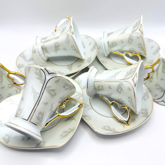 Elegant GNA Porcelain Teacups Set - Pearl, Gray, Gold, Peacock Feathers