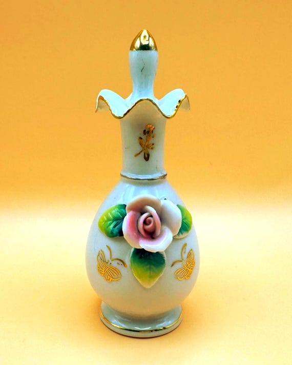 Vintage Porcelain Perfume Bottle Pink Rose Japan 1950s