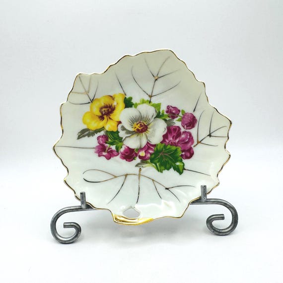 Colorful Floral Design Leaf Trinket Dishes with Gold Trim - Set of Two - Vintage Decor