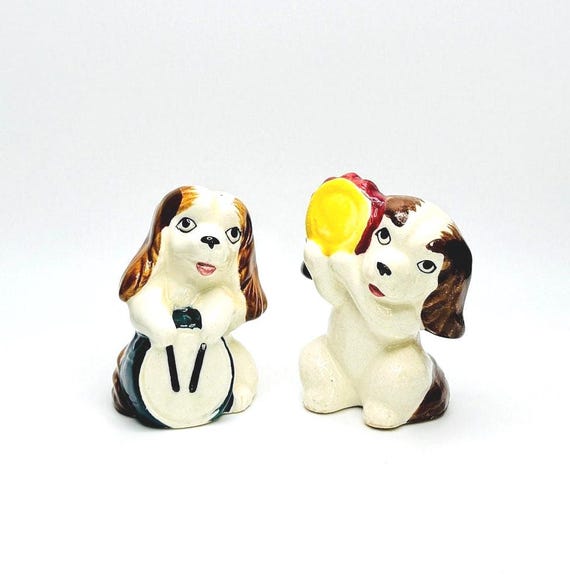 Collectible Brown & White Spaniel Figurines Playing Musical Instruments - Handmade in Japan