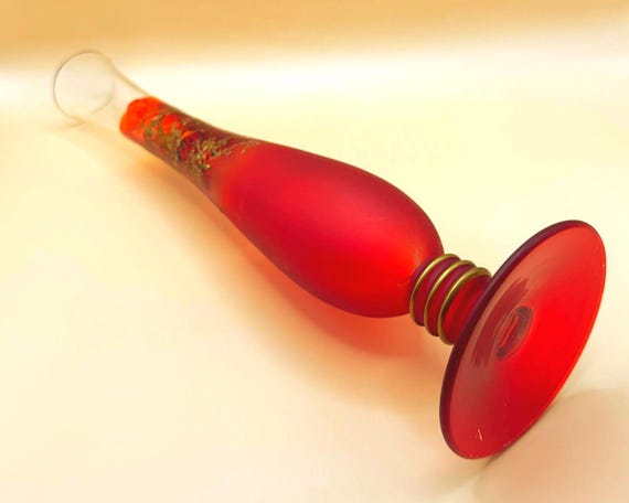 Red Art Glass Vase Gold Detail Tall Bud Vase Hand Blown Style