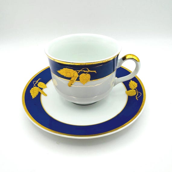 Cobalt Blue Tea Cup and Saucer with Gold Leaves - Vintage Thun Carlsbad