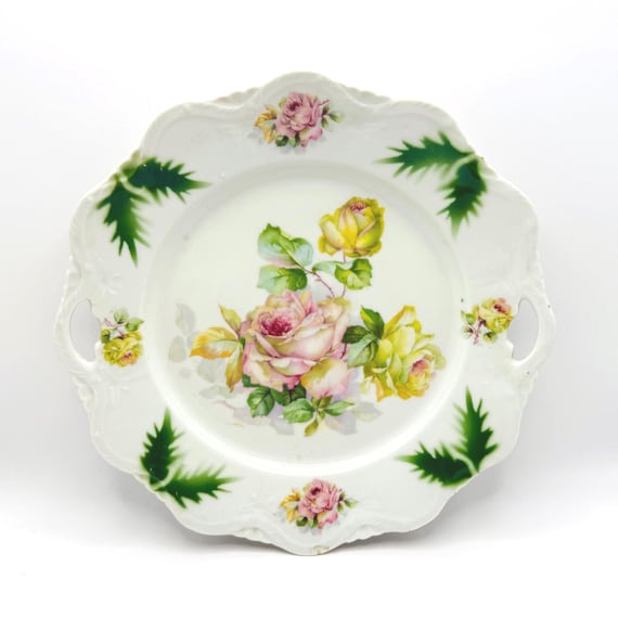 Vintage German Dessert Platter with Double Handles and Rose Design