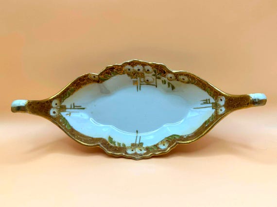 Antique Nippon Porcelain Handled Candy Dish Gold Moriage Floral Bowl