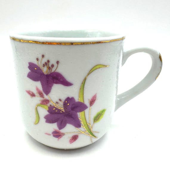 Vintage Japanese porcelain demi cup- Purple floral with gold trim