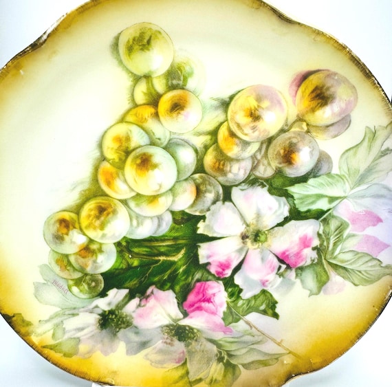 Antique JR Bavaria Hand Painted Plate Signed by Artist, Dupont - Floral and Grape Design with Delicate Pink Accent