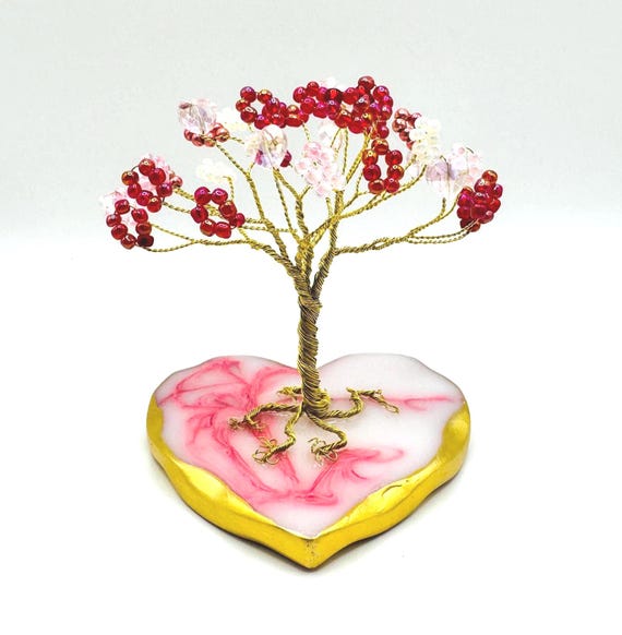 Wire Art Sculpture for Valentine's Day - Handmade Copper Tree in Pink & Red