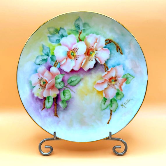 Hand Painted Floral Plate Signed M Lou Pink Flowers Gold Trim Vintage Decor