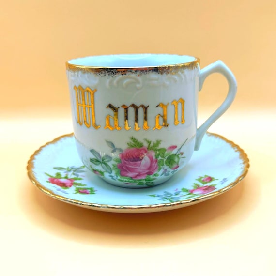 Vintage Maman Papa Cup & Saucer Set, Hand Painted Japan, Pink Roses Purple Violets