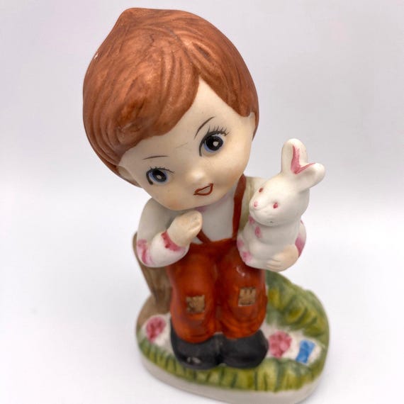 Vintage Boy Porcelain Figurine with Bunny - Blue Eyed Boy Figurine - Collectible Gift - Boy with Pet Bunny