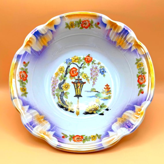 Antique Germany Lusterware Bowl Chinese Lantern Floral