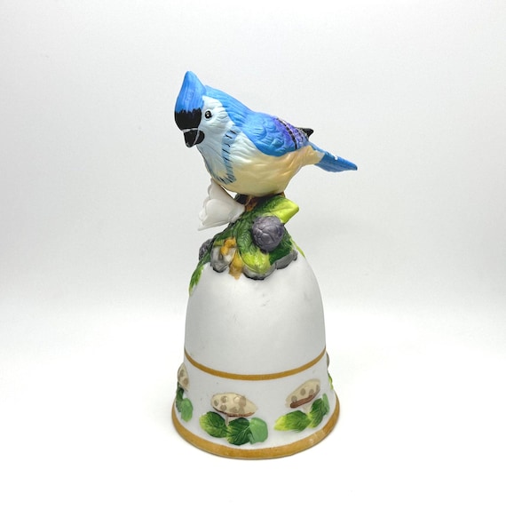 Vintage World Bazaars Inc Blue Bird Ceramic Bell - Greenery & Mushroom Design on Bell with Pink Flower