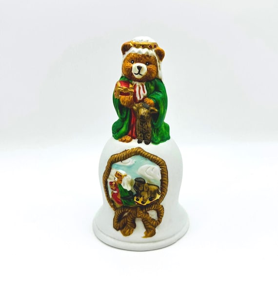 Vintage Christmas Bell with Teddy Bear Wiseman Figurine - Festive Holiday Decor