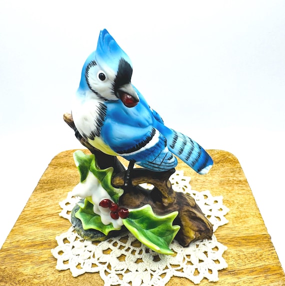 Blue Jay Bird Decor - Vintage Ceramic Figurine with Holly Berry