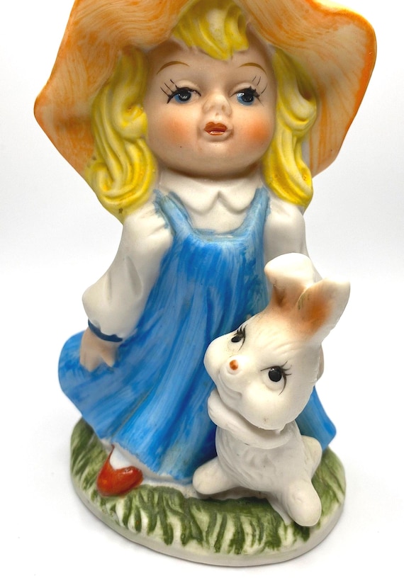 Vintage Girl with Bunny Figurine: Taiwan Collectible, Easter Decor