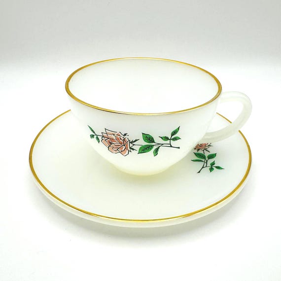 Vintage Anchor Hocking Fire-King Anniversary Rose Teacups & Saucers in Milk Glass - Select Quantity