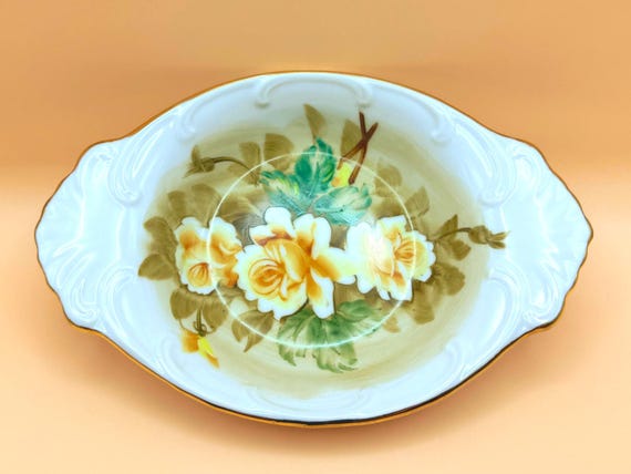 Vintage Hand-Painted Porcelain Floral Oval Dish – Gold Rim Trinket or Candy Bowl