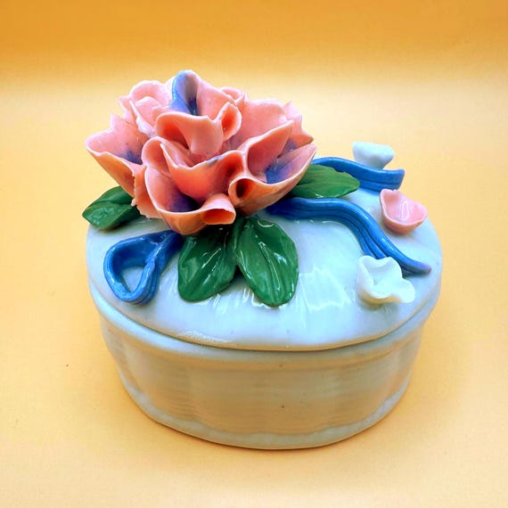 Vintage Floral Trinket Box Porcelain Pink Blue Jewelry Box