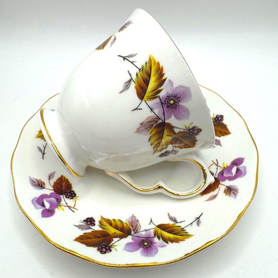 Vintage Royal Kent Teacup and Saucer Set - Purple Blossoms Design