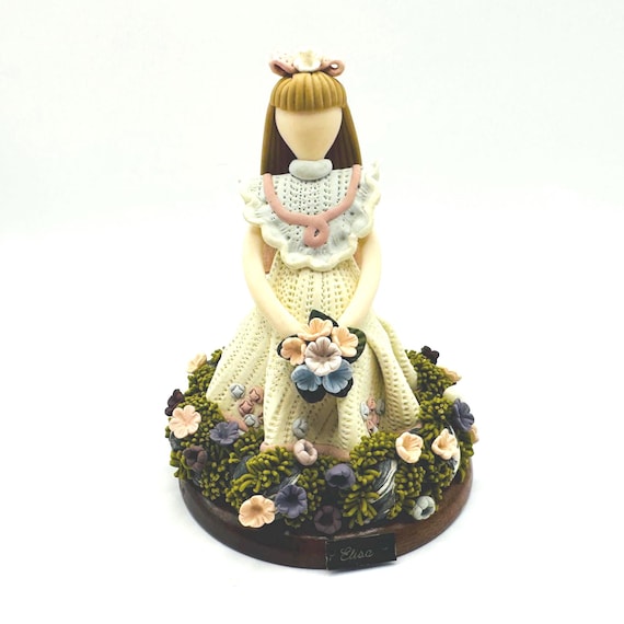Vintage Dominican Republic Elisa Collection Girl Figurine - Flower Bouquet Wood Base