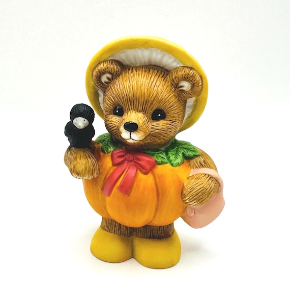 Vintage Handcrafted Pumpkin Patch Bear Figurine with Crow from Sri Lanka