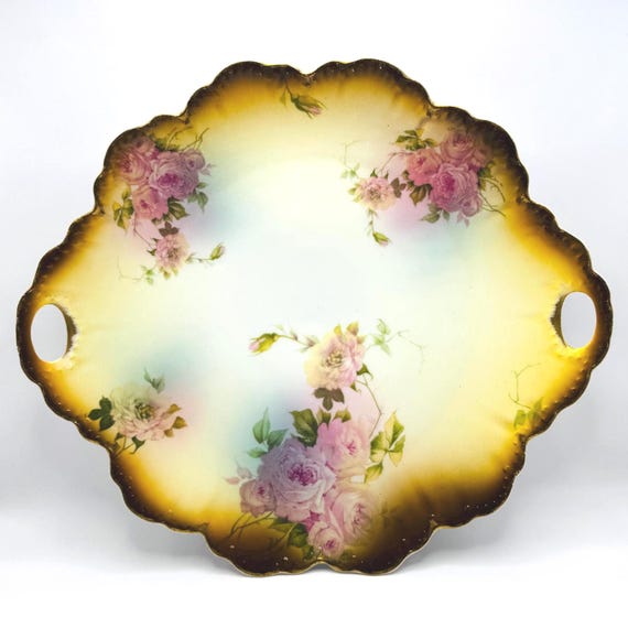 Antique Bavarian Serving Tray with Pink Roses - Rosenthal Malmaison, Double Handles