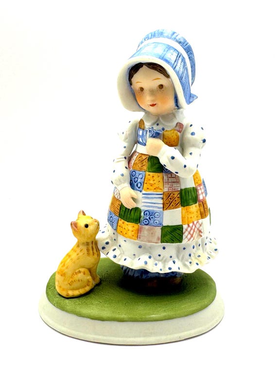 Vintage Holly Hobbie Blue Girl Porcelain Figurine with Cat