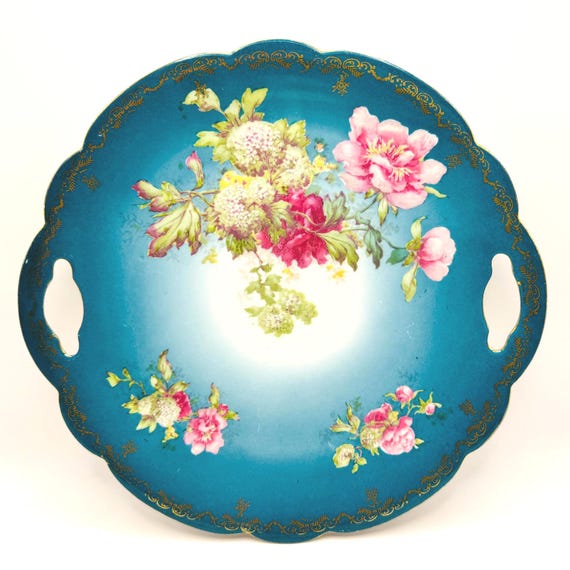 Antique Vienna Austria Double Handled Cake Platter in Teal and Gold