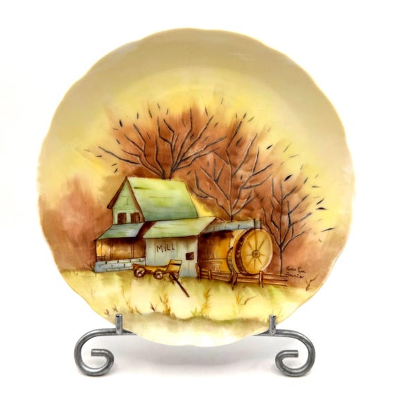 Artist-Signed Vintage Plate - Hand-Painted Old Mill Design
