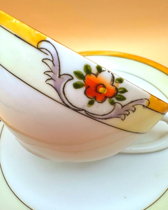 Set of 4 Meito Hand Painted Teacups & Saucers
