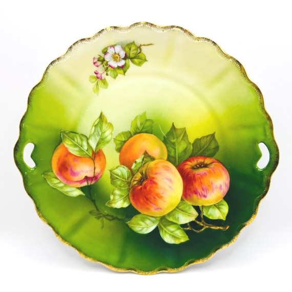 Antique Porcelain Fruit Cake Plate - P.T. Bavaria Tirschenreuth 1920s with Green Ombre & Peaches