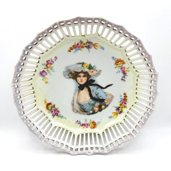Vintage German Porcelain Bowl with Victorian Portrait - Light Purple Pearlescent Trim