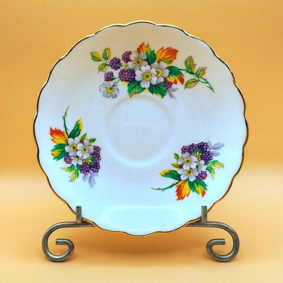 English Bone China Saucer Floral Berry Gold Trim Vintage