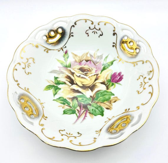 Charming Hand Painted Bowl with Large Yellow Rose - Vintage Lattice Edging and Gold Detail