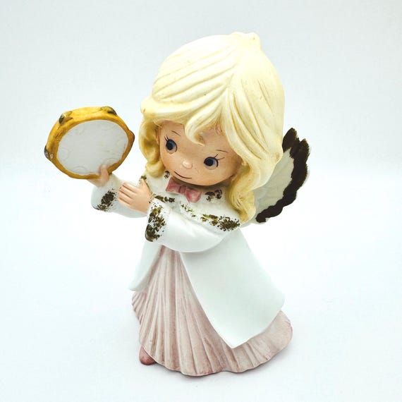Vintage Homco Angel Figurine with Tambourine in Pink - Retro Home Decor