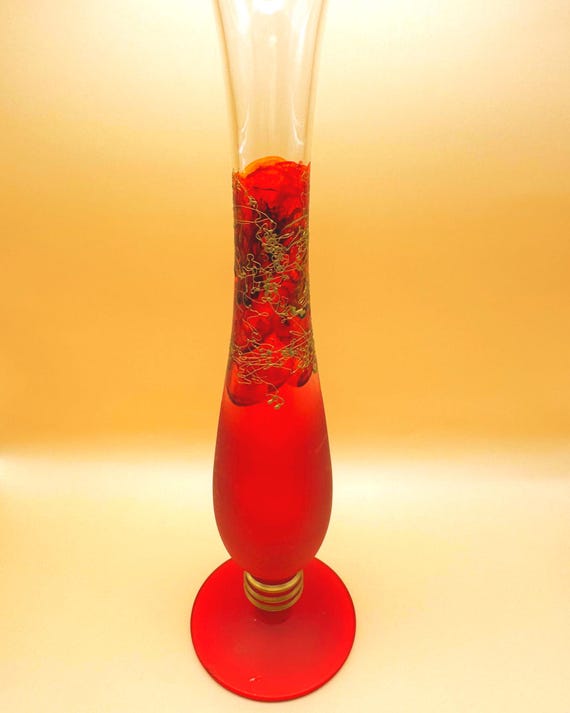 Red Art Glass Vase Gold Detail Tall Bud Vase Hand Blown Style