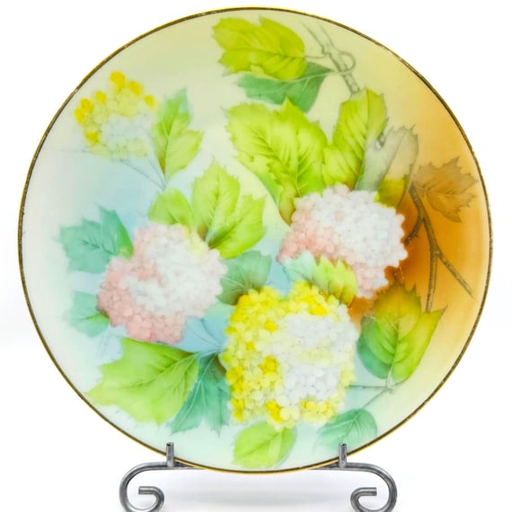 Decorative Plate with Pink and Yellow Hydrangea - Antique Tirschenreuth Bavaria