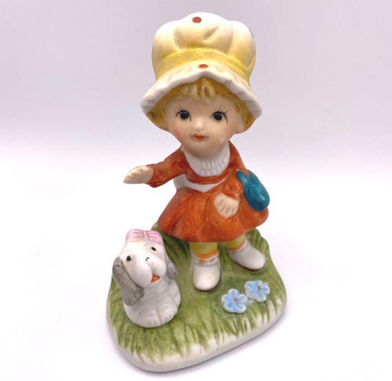 Vintage HOMCO Girl Porcelain Figurine with Dog - Girl with Dog in Polka Dot Bonnet - Collectible Gift - #1430 Girl with Furry Friend
