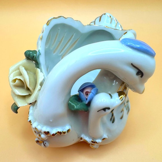 Vintage Porcelain Swan Trinket Dish with Baby Swan, Applied Rose & Gold Trim