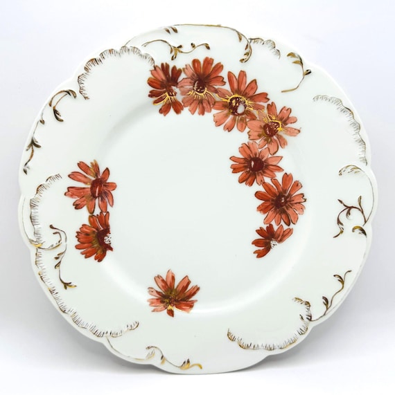 Antique Limoges Plate with Red Daisies & Gold Detail - Hand Painted