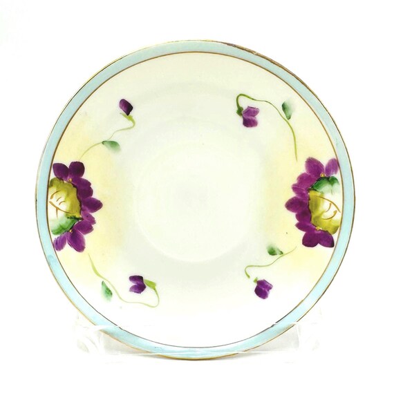 Set of 2 Hand-Painted Purple Floral Porcelain Saucers - Vintage Eggshell Dishware