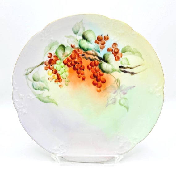 Vintage Hand Painted MW Poole Cabinet Plate | Pastel Pink, Green, Yellow Grapevine Design