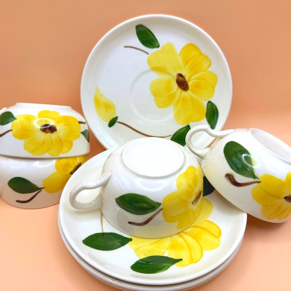 Vintage Yellow Floral Tea Set with Choice of Dessert Plates or Berry Bowls