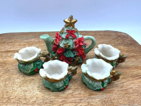 Christmas Tree Tea Set - Vintage Miniatures by C&F - Teapot and Ruffled Cups