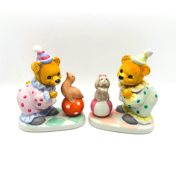 Vintage Homco Bears in Polka Dot Clown Suits with Dog and Seal Circus Figurines