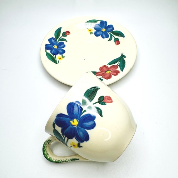 Vintage Shenandoah Ware Demi Cup & Saucer - Paden City Pottery - Bright Blue and Wine Flowers