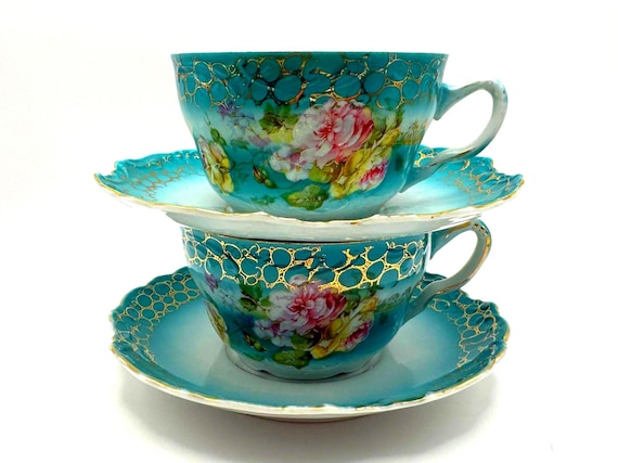 Set of 2 Antique Aqua & Gold Teacup and Saucer Set