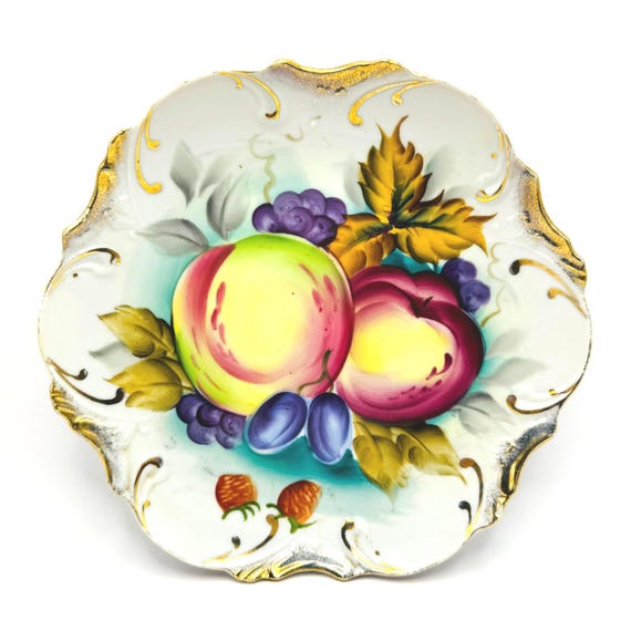 Retro Kitchen Decor: Hand Painted Fruit Plate - Apples, grapes, and strawberries