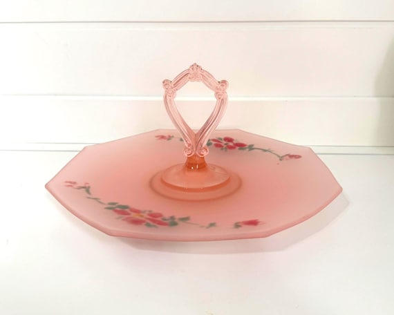Vintage Lancaster Pink Satin Glass Handled Tray Floral